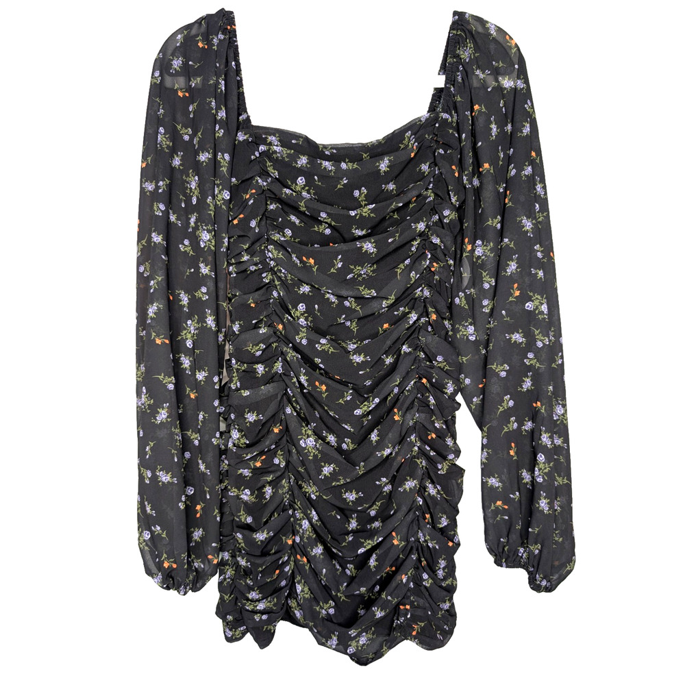 Ruched Sheer Black Floral Milkmaid Whimsigoth‎ Dark Fairy Coquette Mini Dress M - Picture 4 of 10